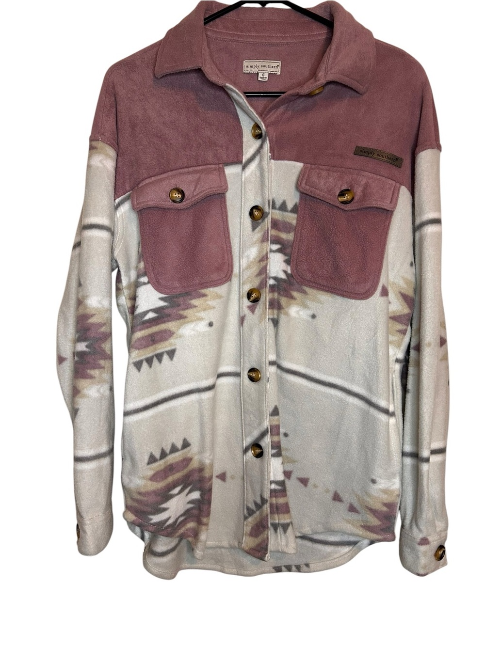 Simply Southern Cozy Aztec Fleece Shacket with Dusty Rose Yoke